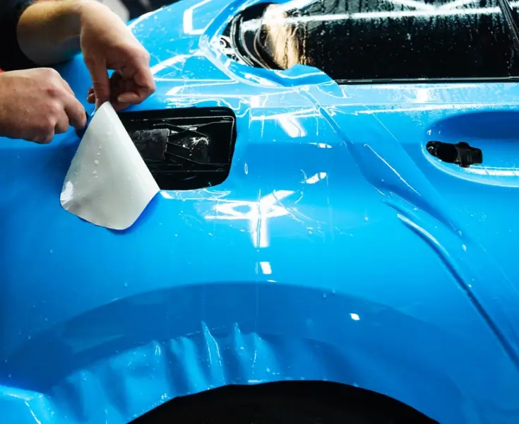 Close-up of a technician applying a clear protective film over the blue exterior of a car, carefully peeling the backing near the mirror housing during a wrap or PPF installation.